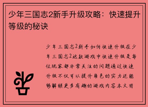 少年三国志2新手升级攻略：快速提升等级的秘诀